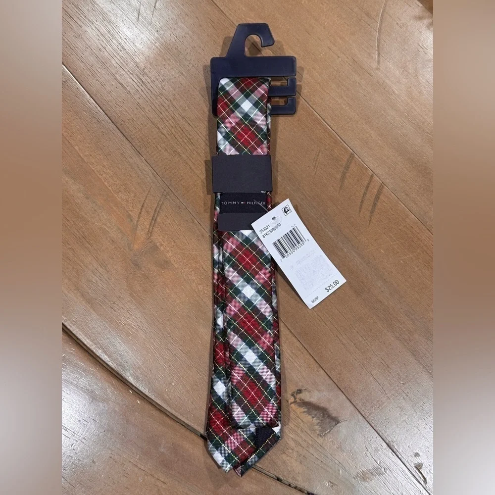 Tommy Hilfiger Holiday Tartan Tie Boys Red Multi Bar Tack Keeper Loop